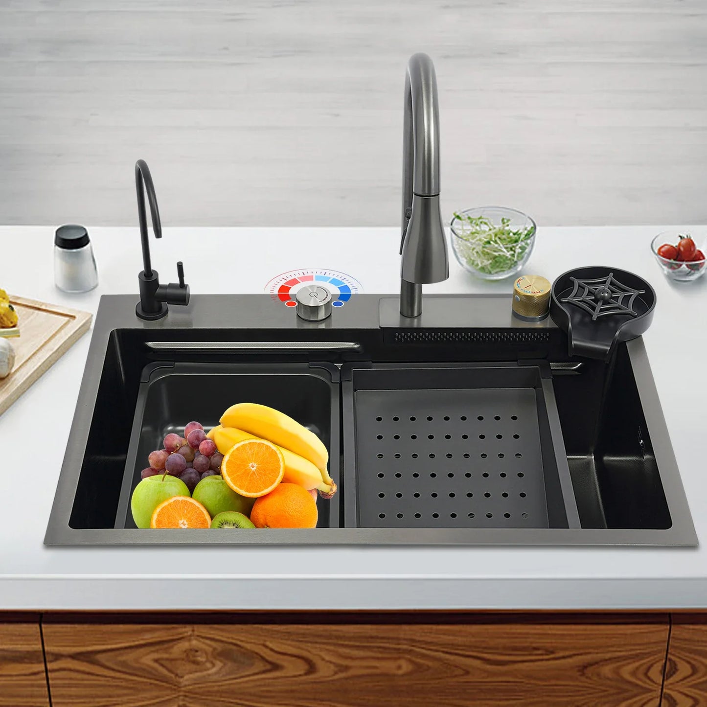 Multifunction Stainless Steel Kitchen Single Sink with Drainage, Drip Basket, Cutting Board and Cup Washer (Grey, 68 x 45cm)