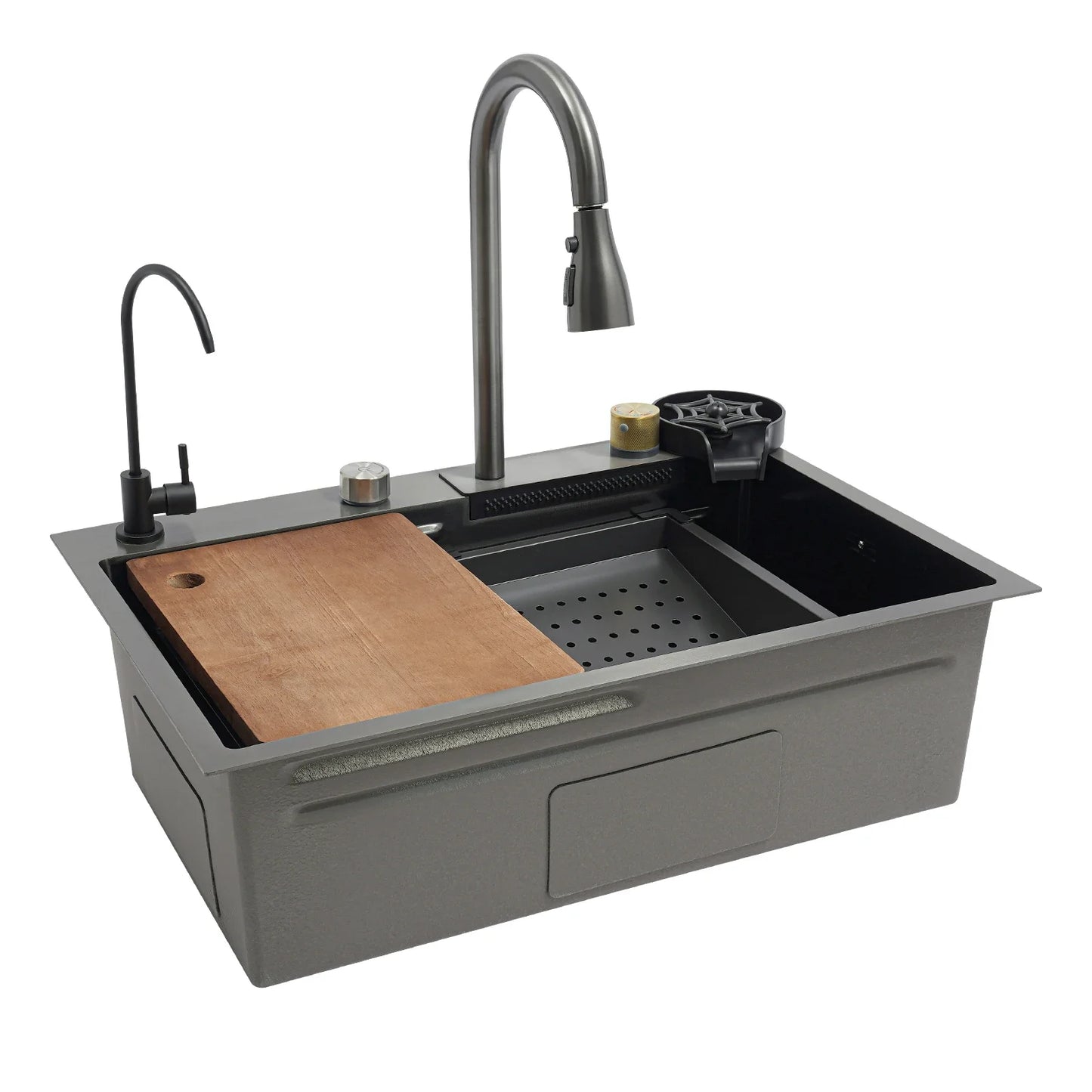 Multifunction Stainless Steel Kitchen Single Sink with Drainage, Drip Basket, Cutting Board and Cup Washer (Grey, 68 x 45cm)